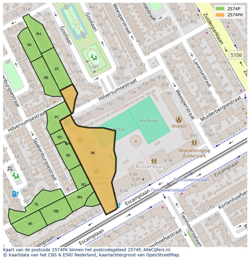 Afbeelding van het postcodegebied 2574 PK op de kaart.