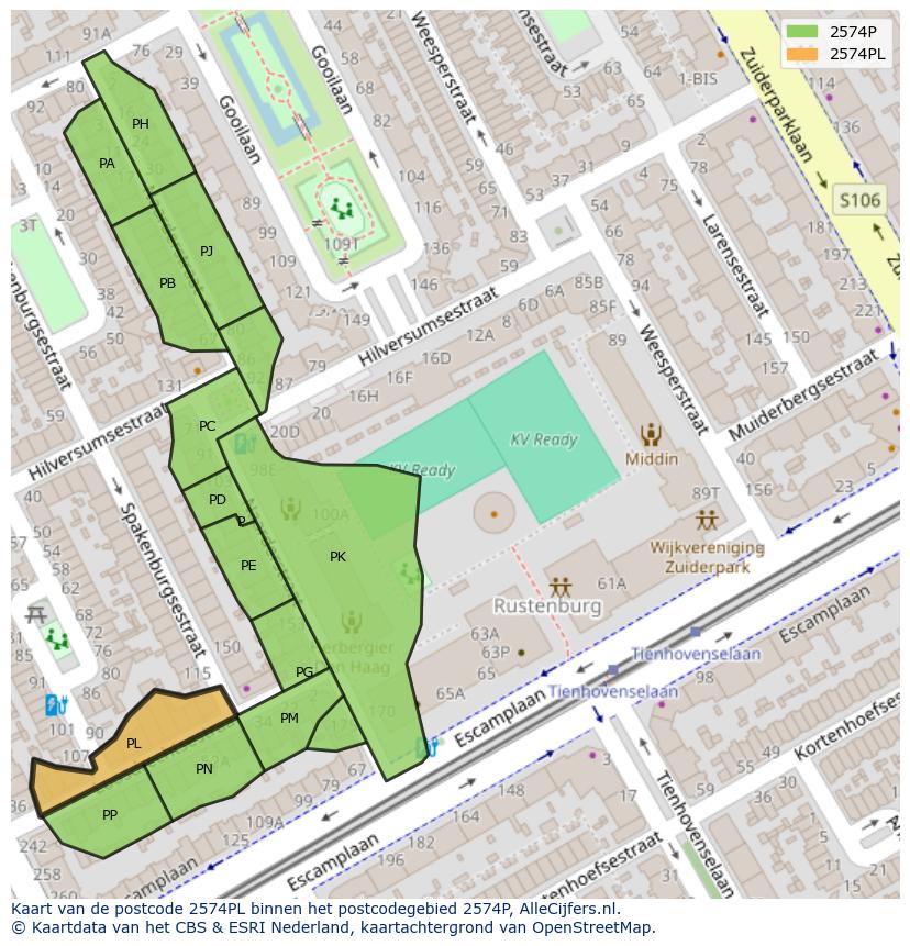 Afbeelding van het postcodegebied 2574 PL op de kaart.