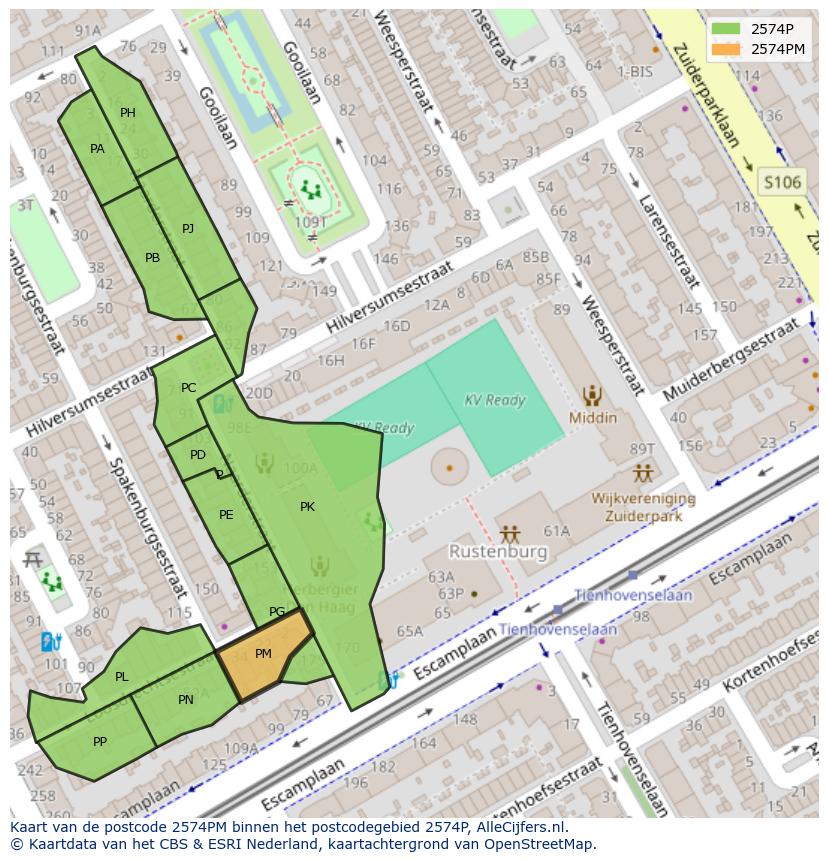Afbeelding van het postcodegebied 2574 PM op de kaart.