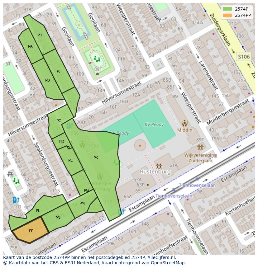 Afbeelding van het postcodegebied 2574 PP op de kaart.