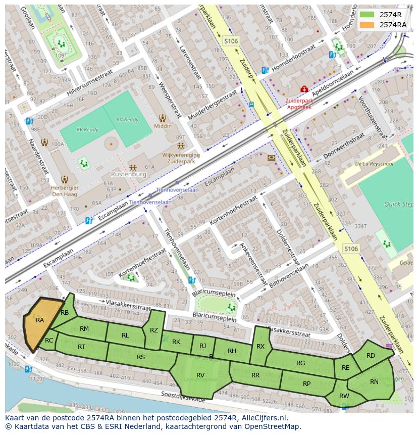 Afbeelding van het postcodegebied 2574 RA op de kaart.