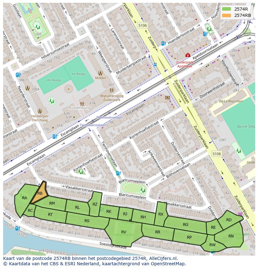 Afbeelding van het postcodegebied 2574 RB op de kaart.
