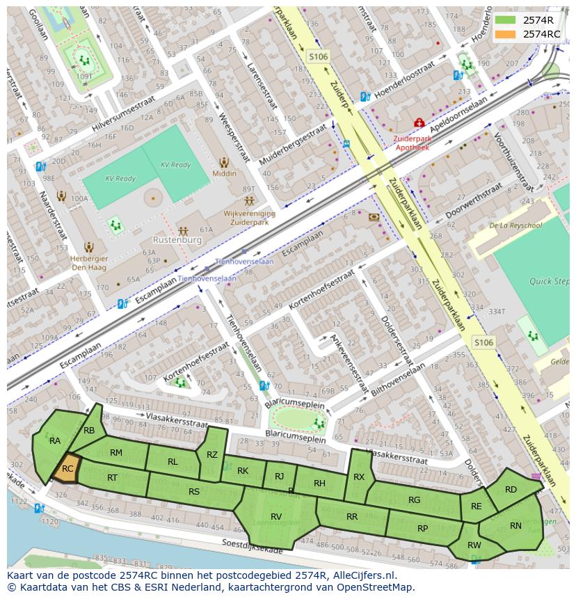 Afbeelding van het postcodegebied 2574 RC op de kaart.
