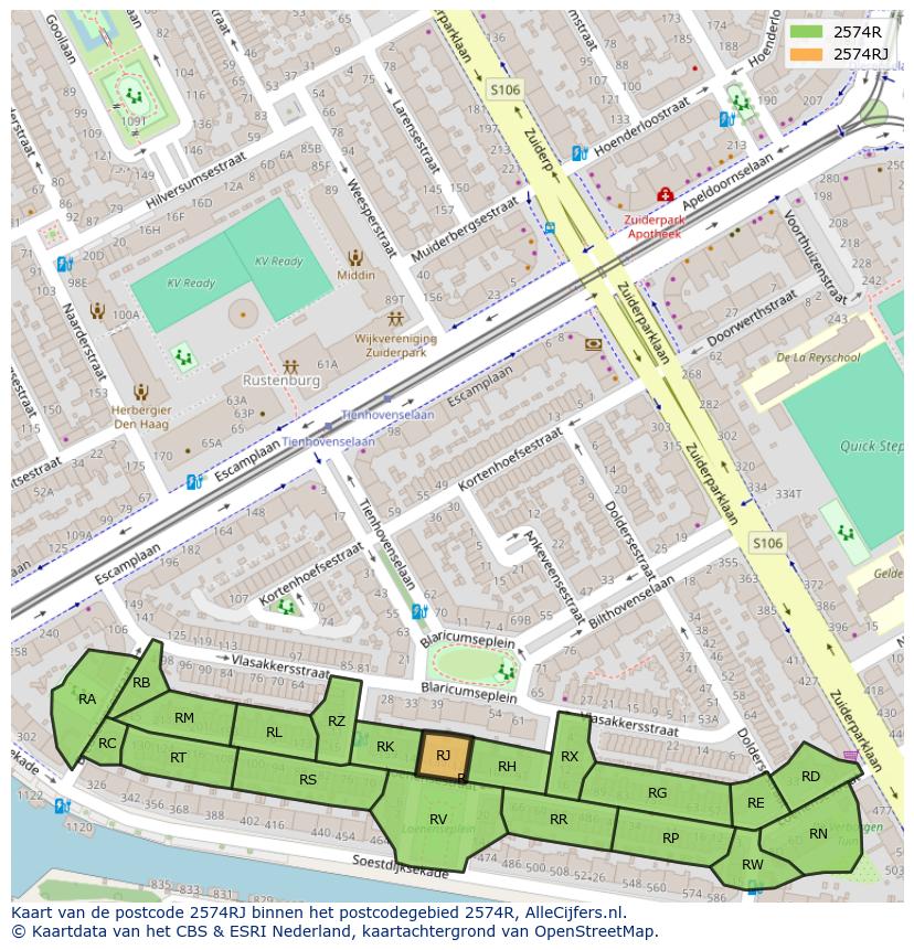 Afbeelding van het postcodegebied 2574 RJ op de kaart.