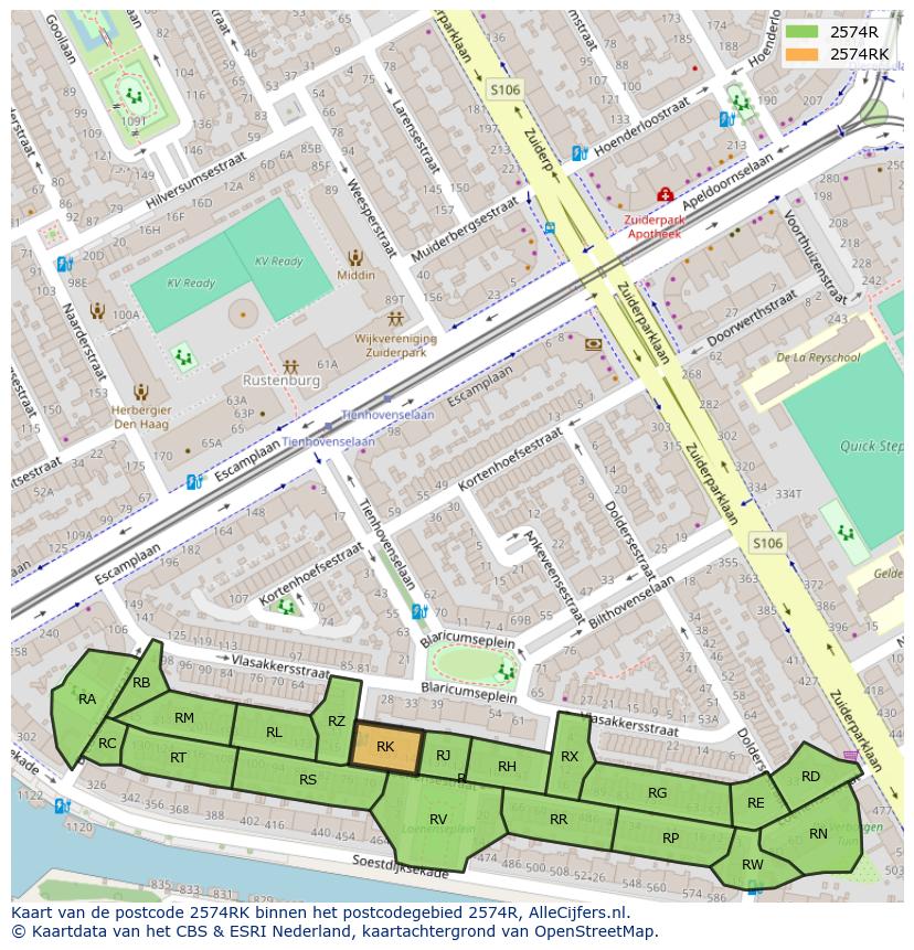 Afbeelding van het postcodegebied 2574 RK op de kaart.