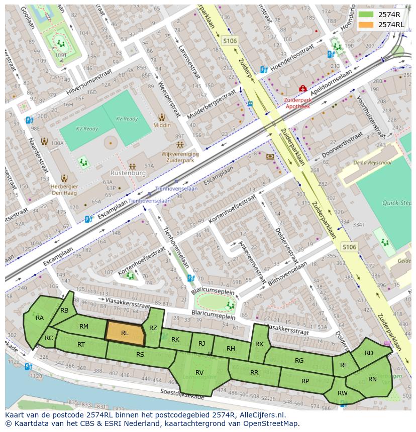 Afbeelding van het postcodegebied 2574 RL op de kaart.