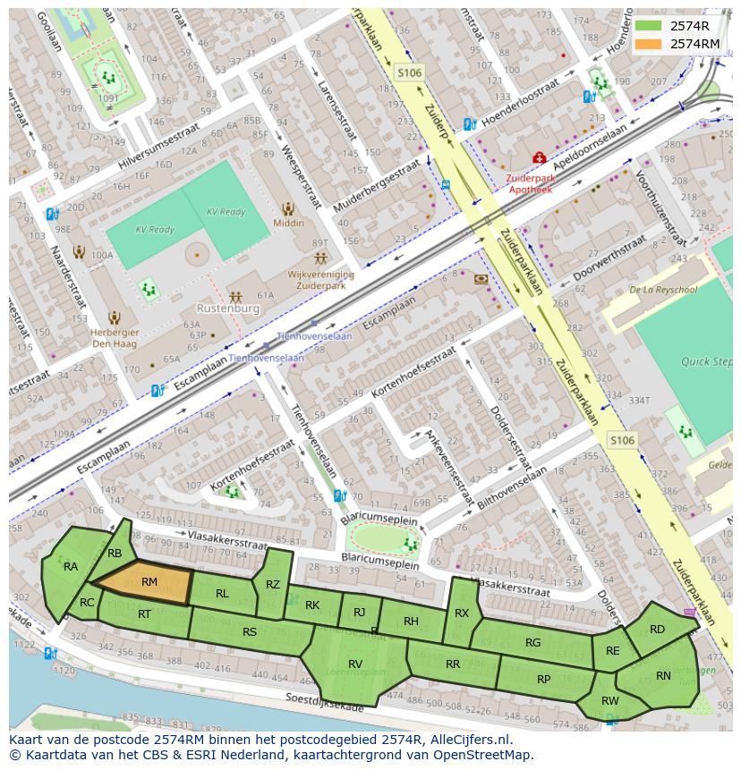 Afbeelding van het postcodegebied 2574 RM op de kaart.