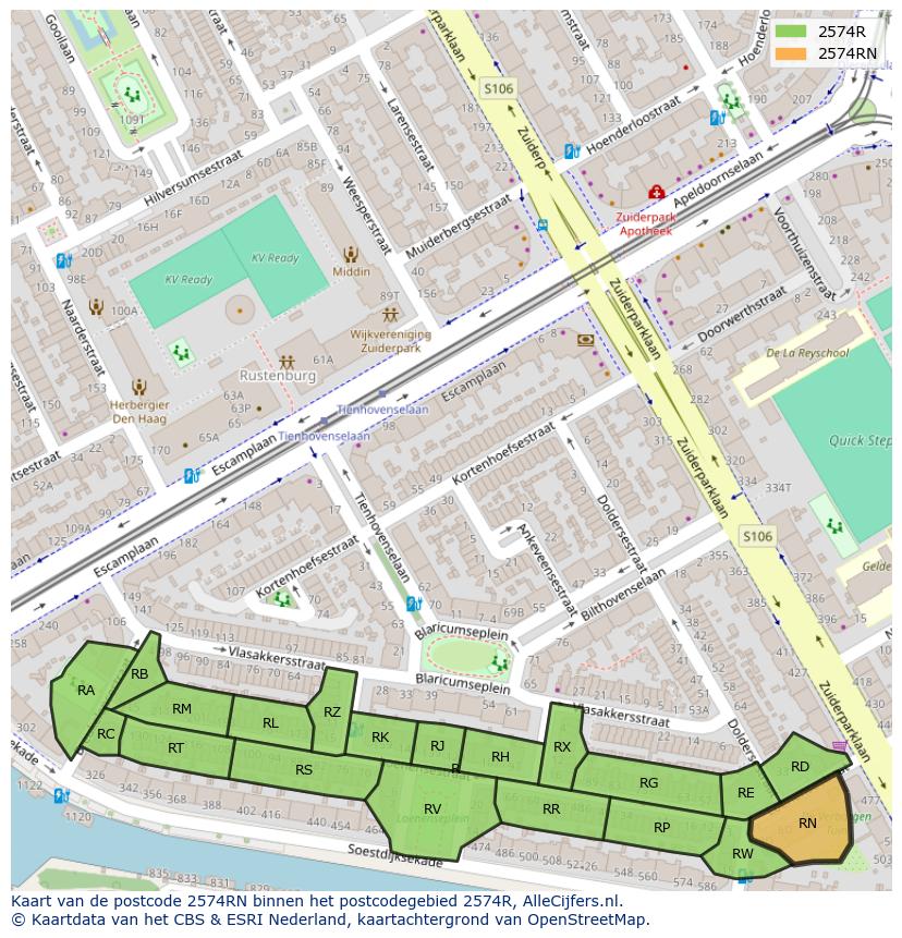 Afbeelding van het postcodegebied 2574 RN op de kaart.
