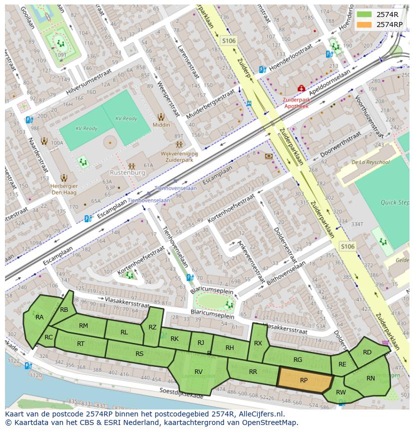 Afbeelding van het postcodegebied 2574 RP op de kaart.