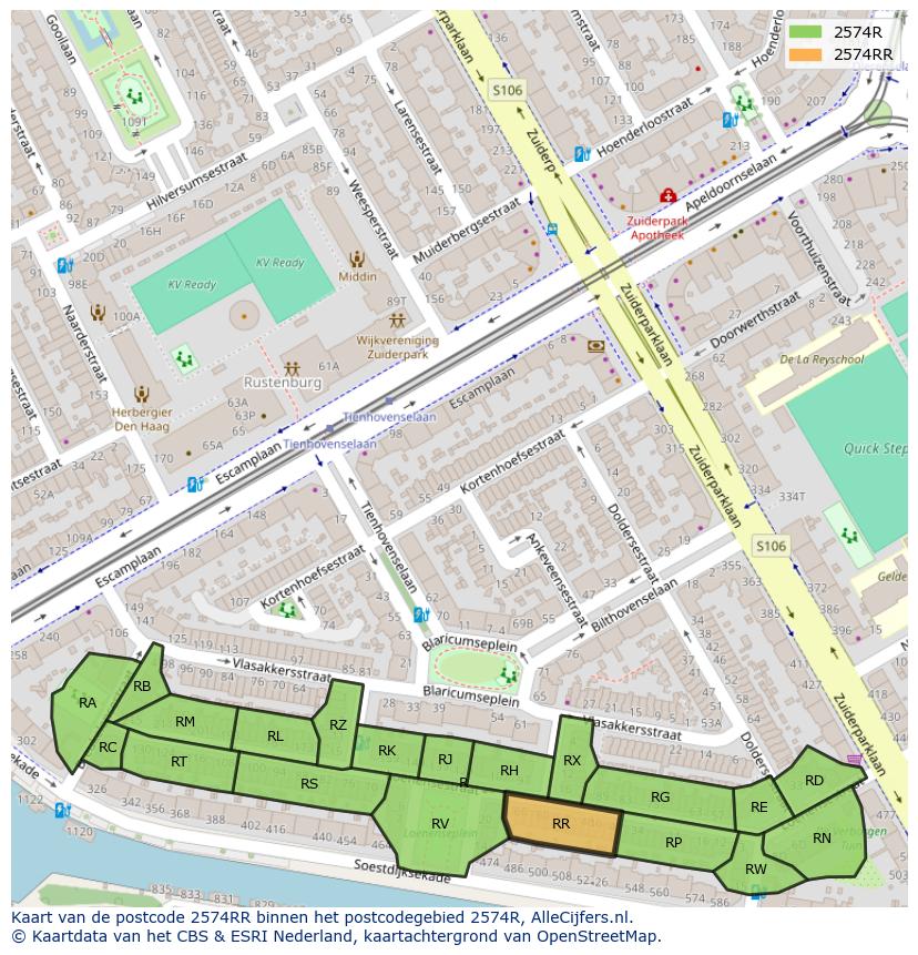 Afbeelding van het postcodegebied 2574 RR op de kaart.