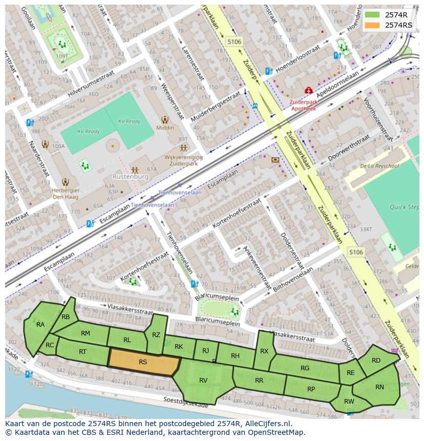 Afbeelding van het postcodegebied 2574 RS op de kaart.
