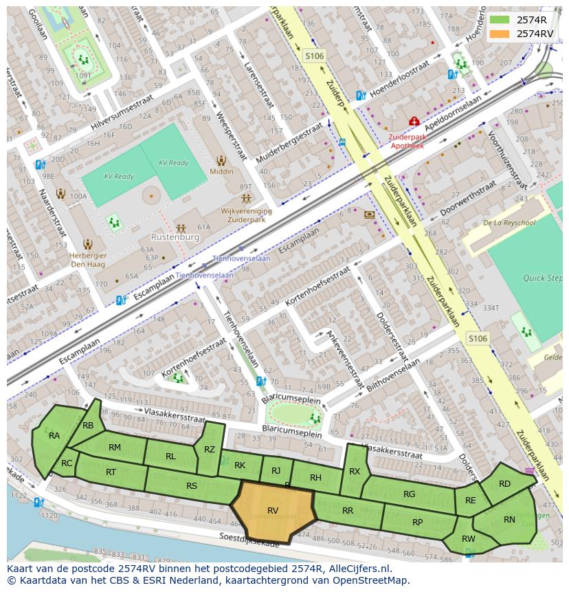 Afbeelding van het postcodegebied 2574 RV op de kaart.