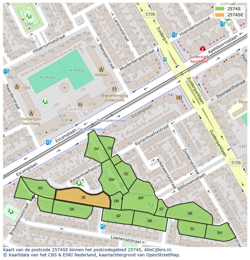 Afbeelding van het postcodegebied 2574 SE op de kaart.