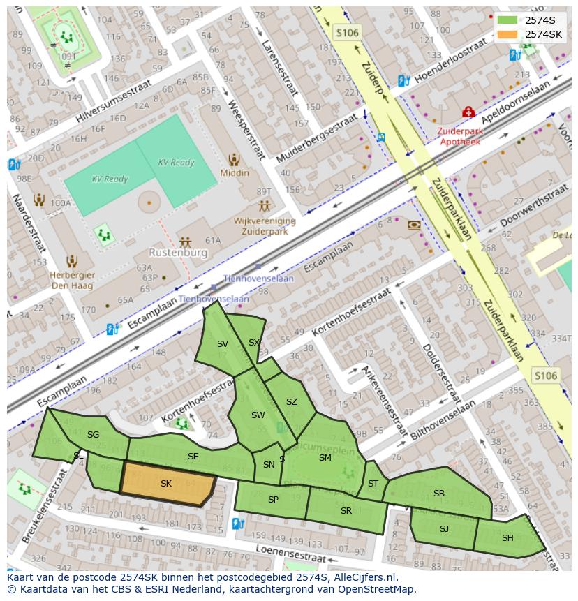 Afbeelding van het postcodegebied 2574 SK op de kaart.