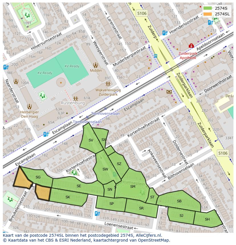 Afbeelding van het postcodegebied 2574 SL op de kaart.