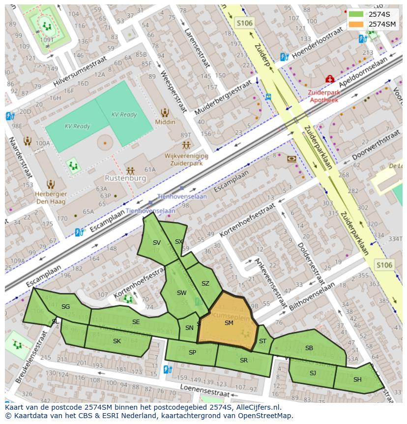 Afbeelding van het postcodegebied 2574 SM op de kaart.