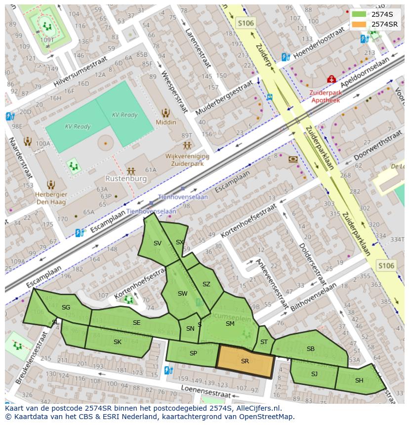 Afbeelding van het postcodegebied 2574 SR op de kaart.