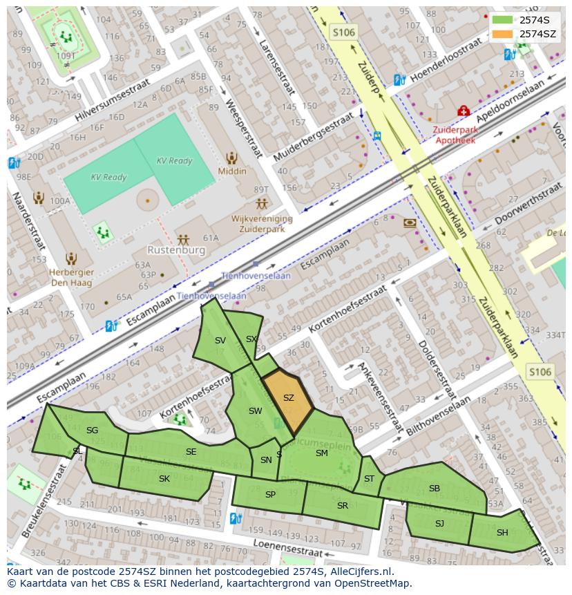 Afbeelding van het postcodegebied 2574 SZ op de kaart.