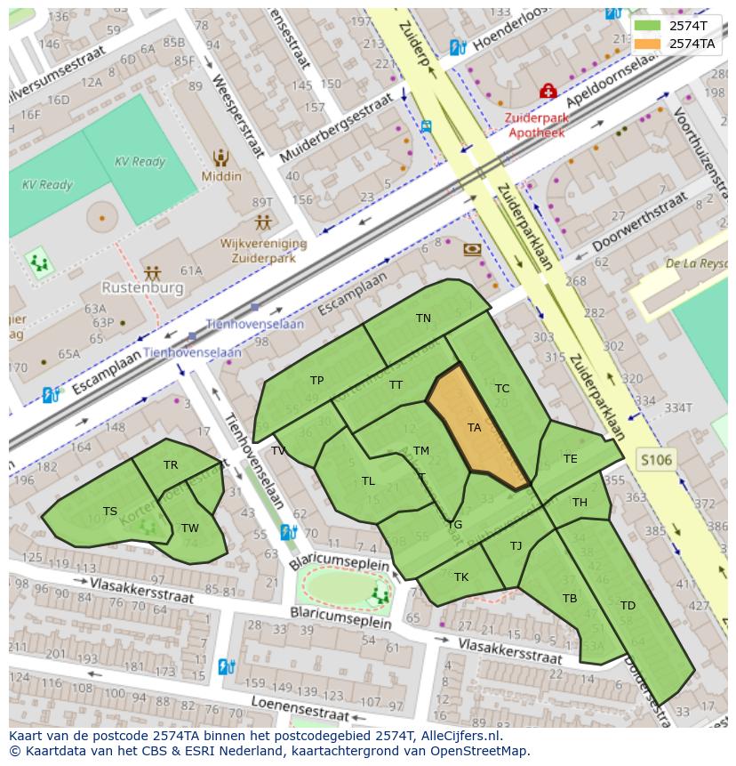 Afbeelding van het postcodegebied 2574 TA op de kaart.