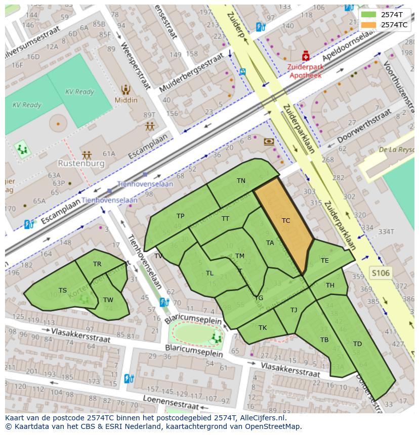 Afbeelding van het postcodegebied 2574 TC op de kaart.