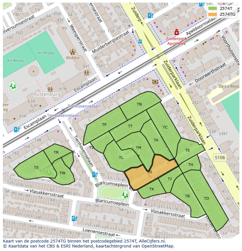 Afbeelding van het postcodegebied 2574 TG op de kaart.