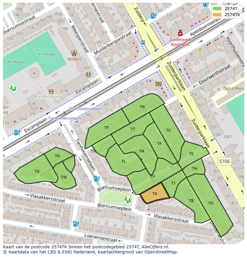 Afbeelding van het postcodegebied 2574 TK op de kaart.
