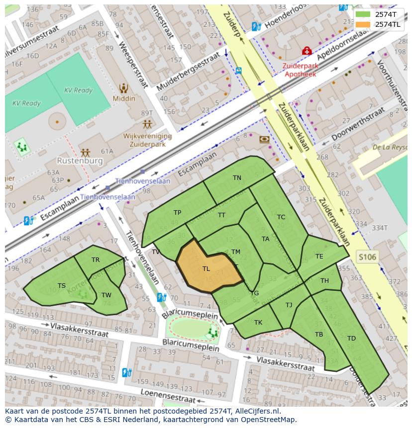 Afbeelding van het postcodegebied 2574 TL op de kaart.