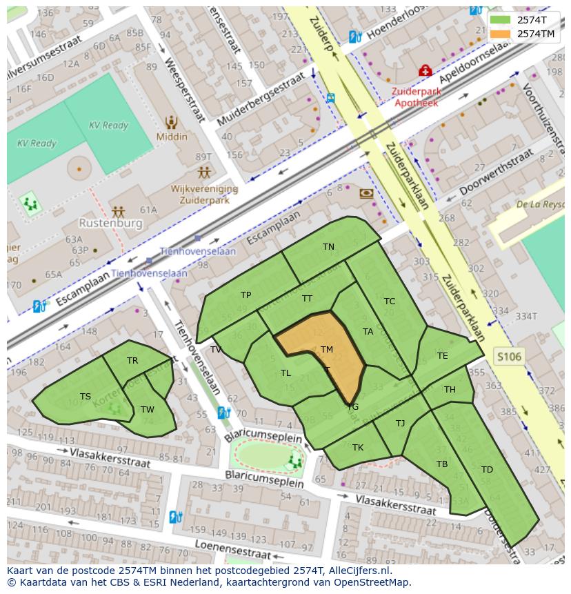 Afbeelding van het postcodegebied 2574 TM op de kaart.