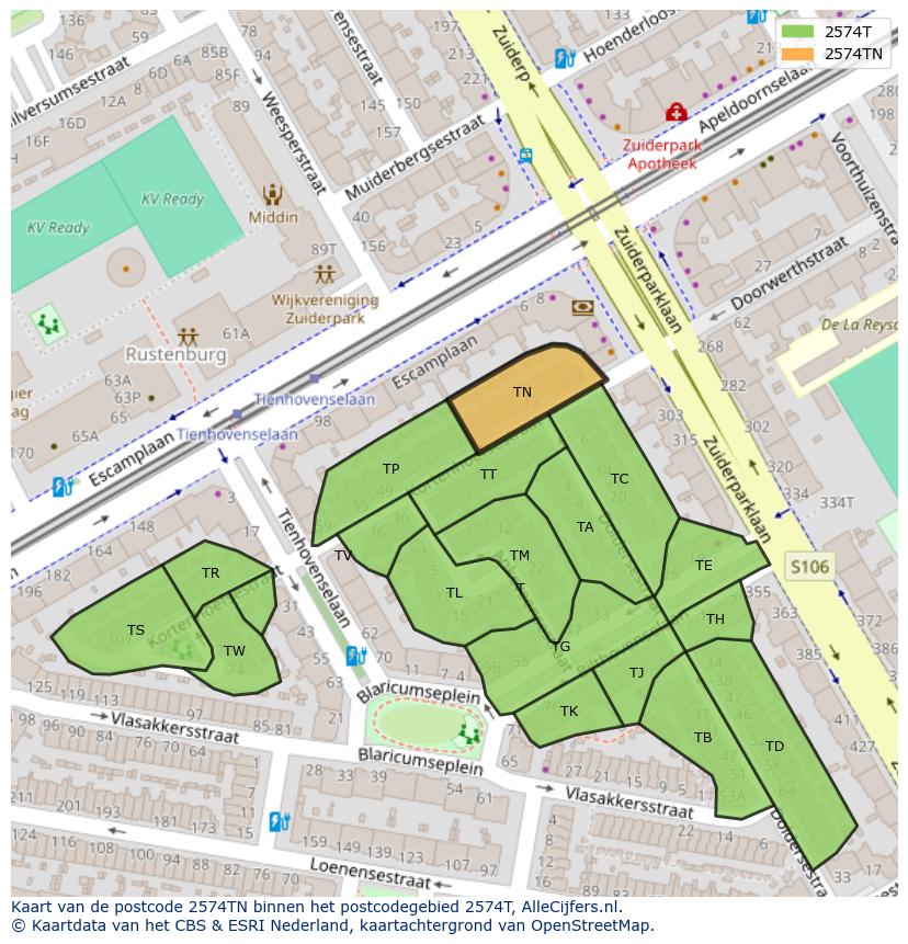 Afbeelding van het postcodegebied 2574 TN op de kaart.