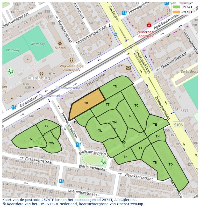 Afbeelding van het postcodegebied 2574 TP op de kaart.
