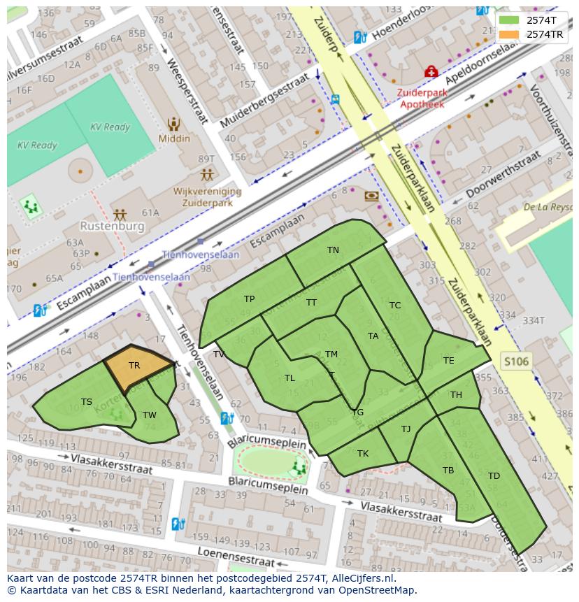 Afbeelding van het postcodegebied 2574 TR op de kaart.