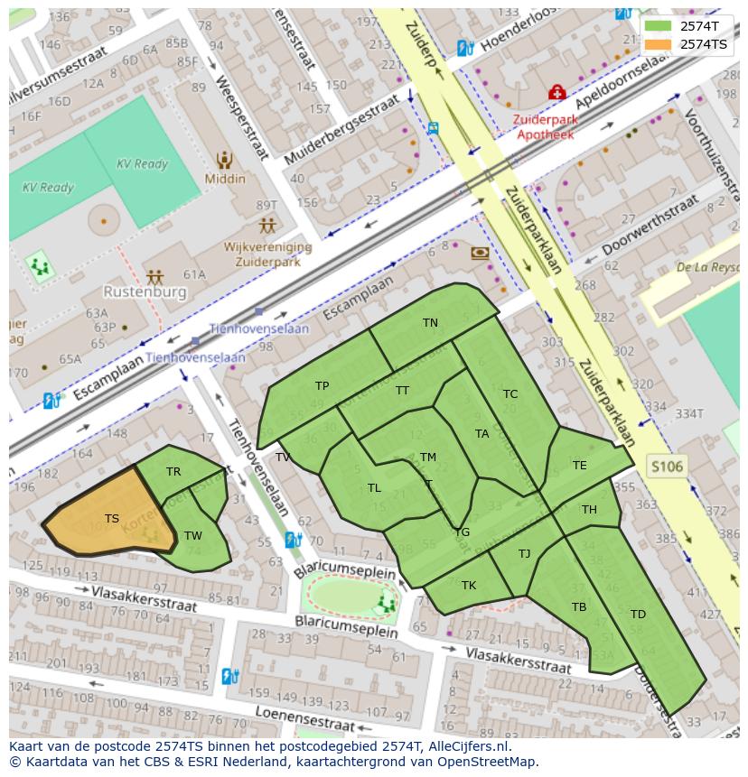 Afbeelding van het postcodegebied 2574 TS op de kaart.