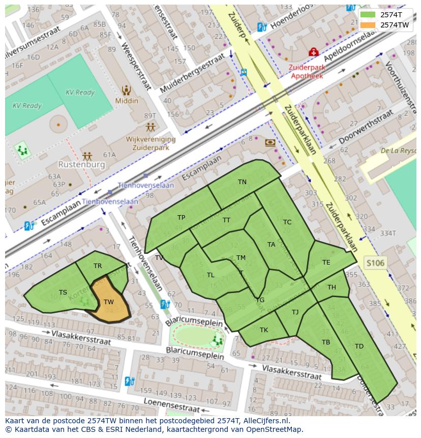 Afbeelding van het postcodegebied 2574 TW op de kaart.