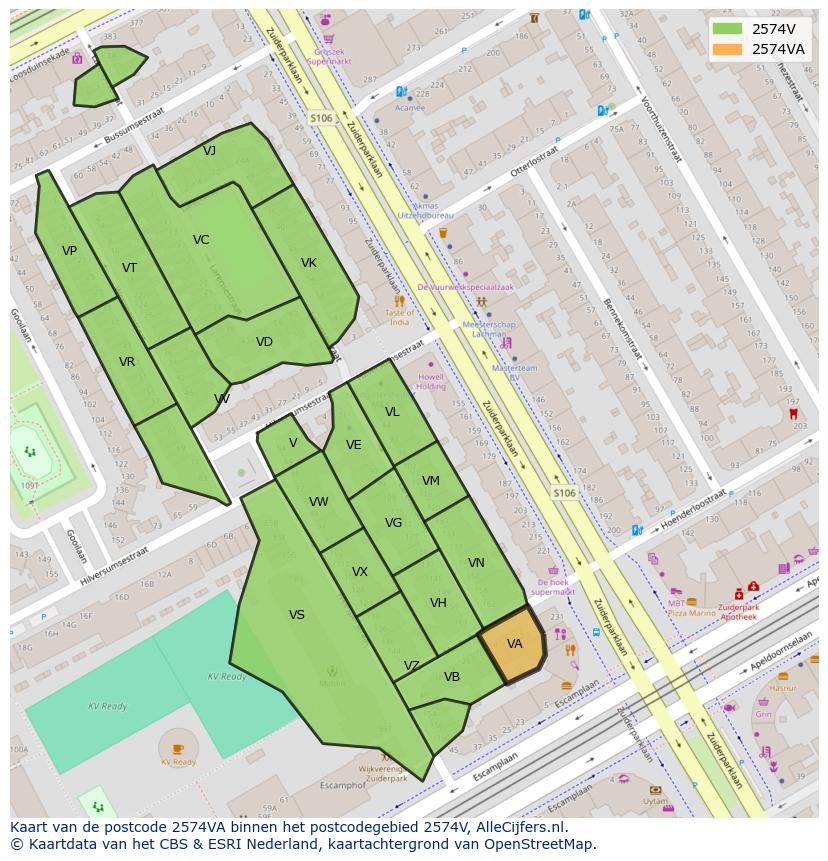 Afbeelding van het postcodegebied 2574 VA op de kaart.
