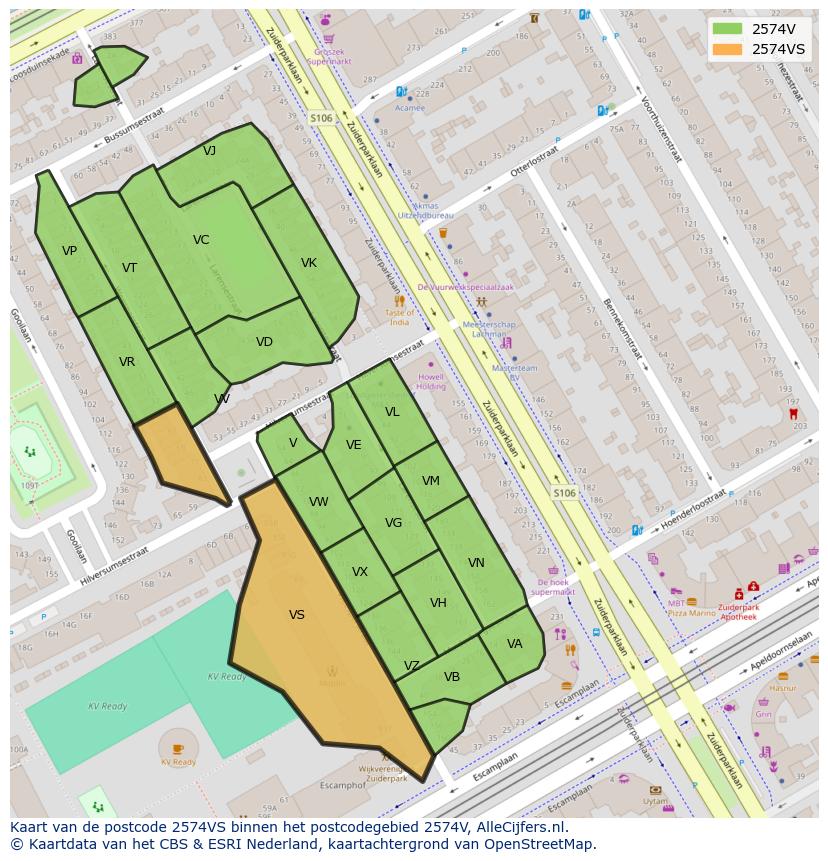 Afbeelding van het postcodegebied 2574 VS op de kaart.