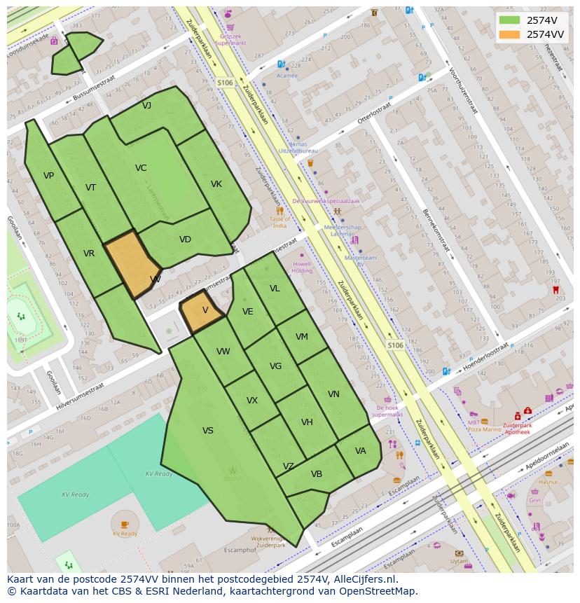 Afbeelding van het postcodegebied 2574 VV op de kaart.