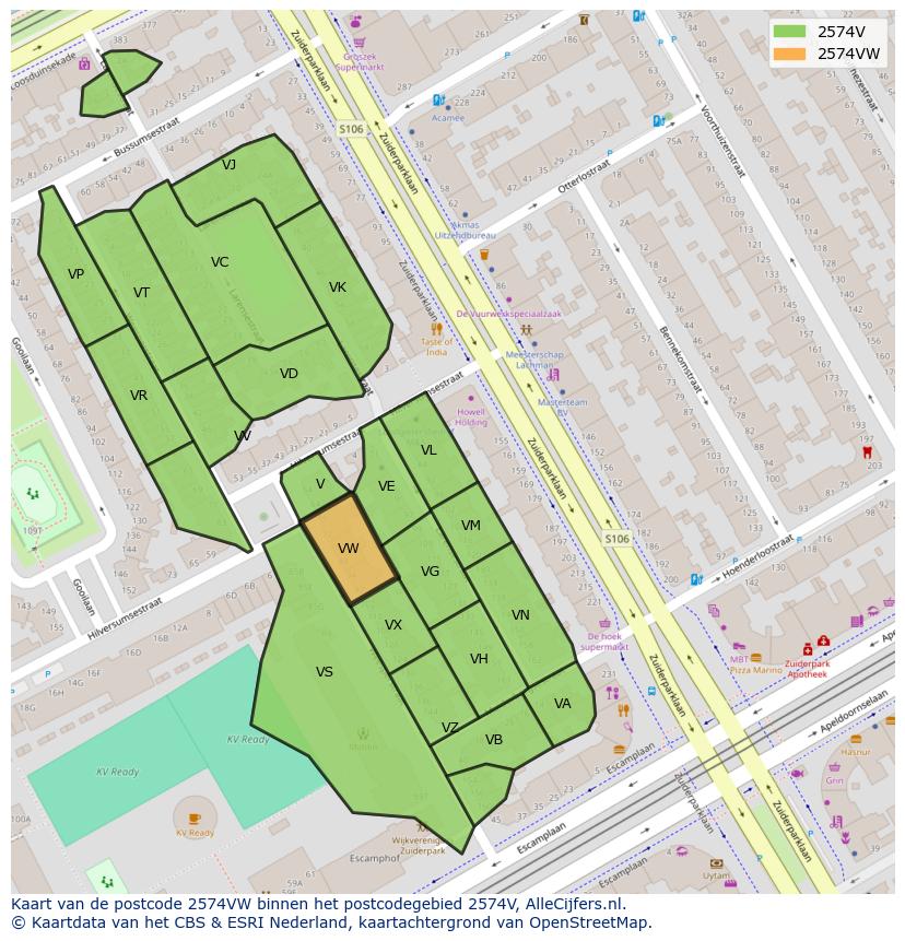 Afbeelding van het postcodegebied 2574 VW op de kaart.