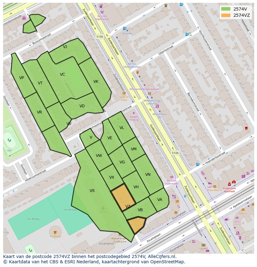 Afbeelding van het postcodegebied 2574 VZ op de kaart.