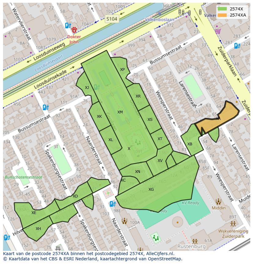 Afbeelding van het postcodegebied 2574 XA op de kaart.