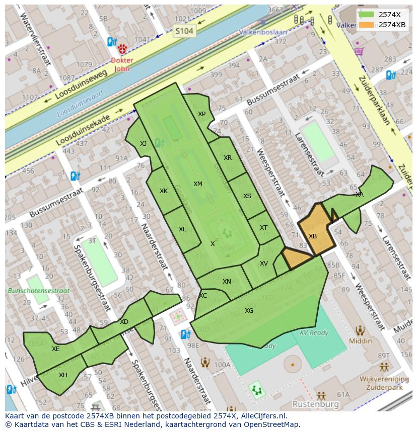 Afbeelding van het postcodegebied 2574 XB op de kaart.