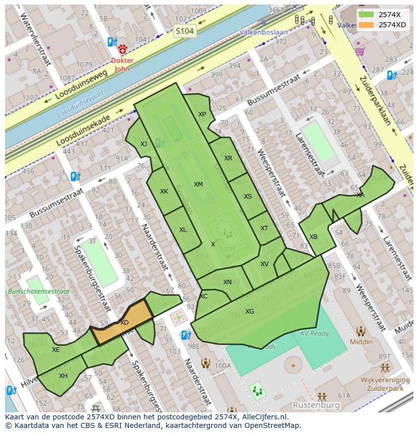 Afbeelding van het postcodegebied 2574 XD op de kaart.