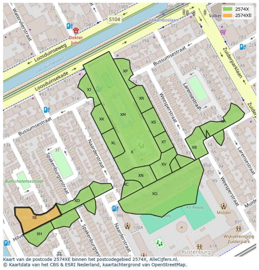 Afbeelding van het postcodegebied 2574 XE op de kaart.