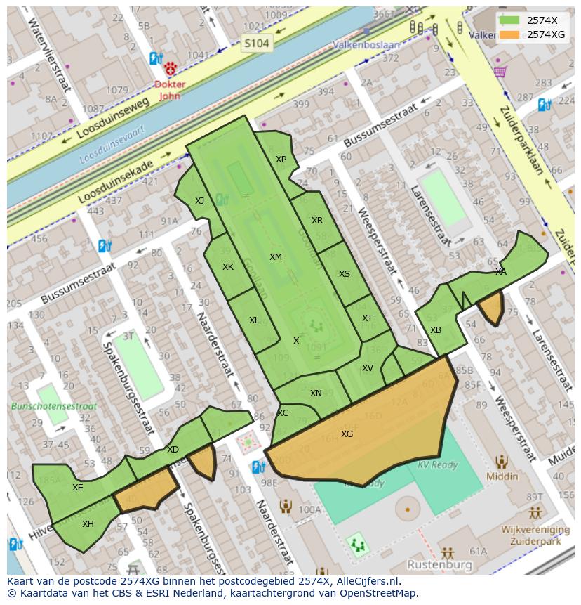Afbeelding van het postcodegebied 2574 XG op de kaart.