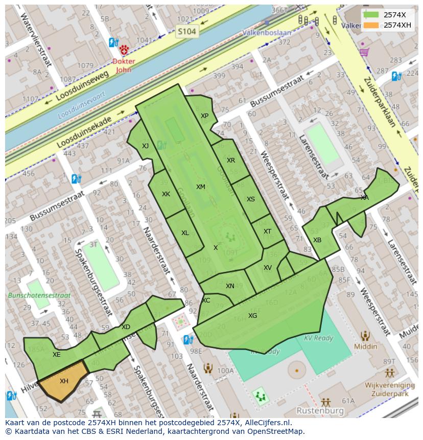 Afbeelding van het postcodegebied 2574 XH op de kaart.