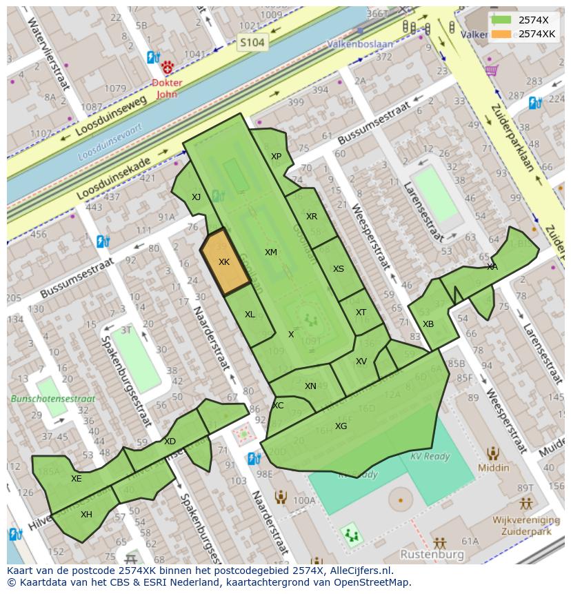 Afbeelding van het postcodegebied 2574 XK op de kaart.