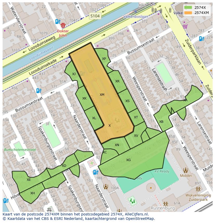 Afbeelding van het postcodegebied 2574 XM op de kaart.