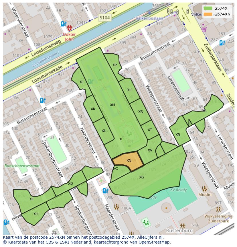 Afbeelding van het postcodegebied 2574 XN op de kaart.