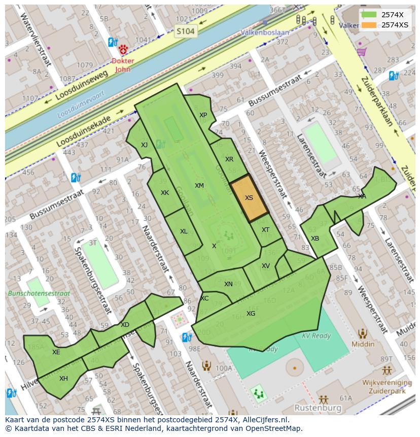 Afbeelding van het postcodegebied 2574 XS op de kaart.