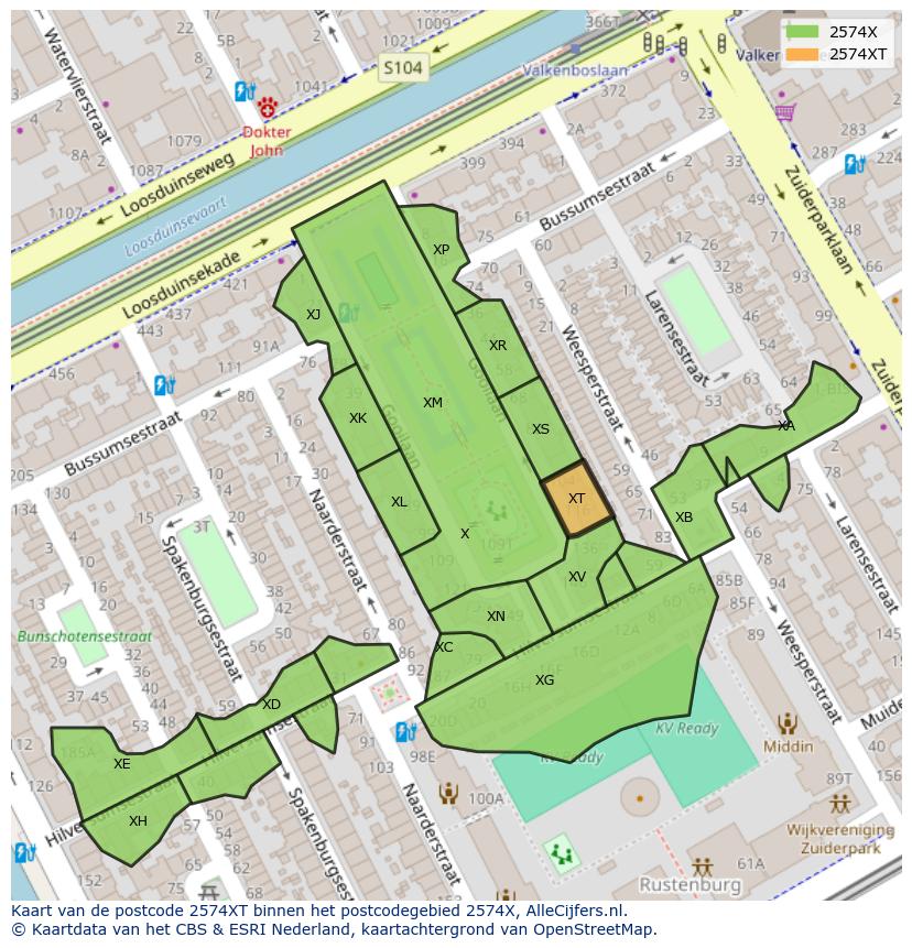 Afbeelding van het postcodegebied 2574 XT op de kaart.
