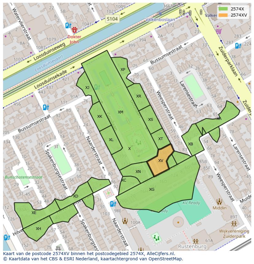 Afbeelding van het postcodegebied 2574 XV op de kaart.
